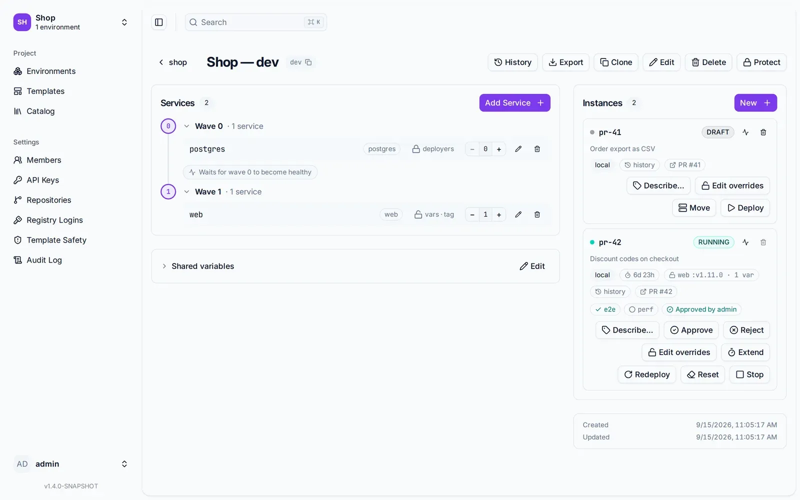 The instance card of pr-42 on the environment page: running, the pull request’s title as its purpose, the web tag pinned to v1.11.0, a history chip, the PR link, checks e2e passed and perf pending, and an approval