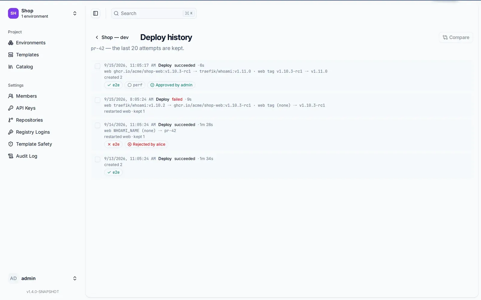 The deploy history of pr-42: four attempts, newest first, each with what changed since the one before, what it did to the containers, and its checks and verdict