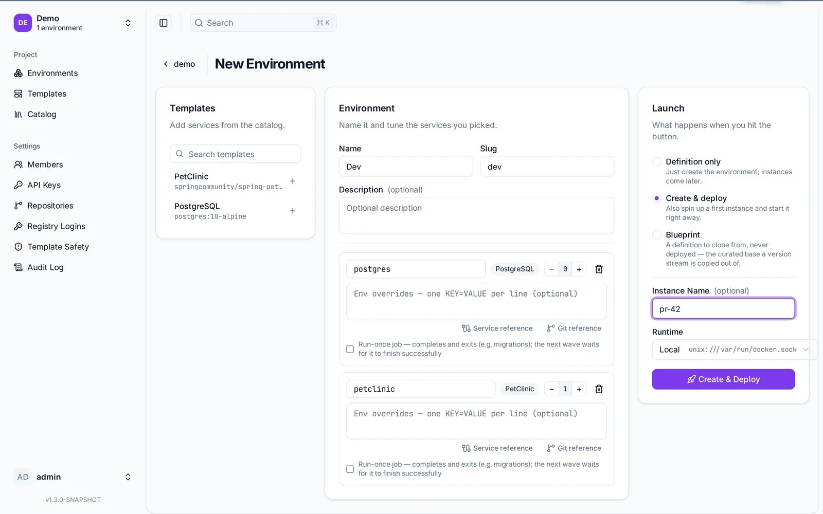 The New Environment page: templates on the left, postgres in wave 0 and the app in wave 1 in the middle, Create & deploy on the right