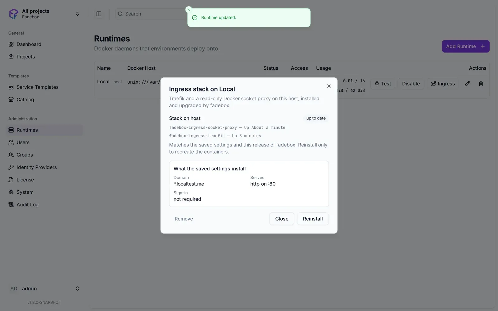 The ingress stack dialog reporting Traefik and the socket proxy up to date, serving *.localtest.me over http on port 80