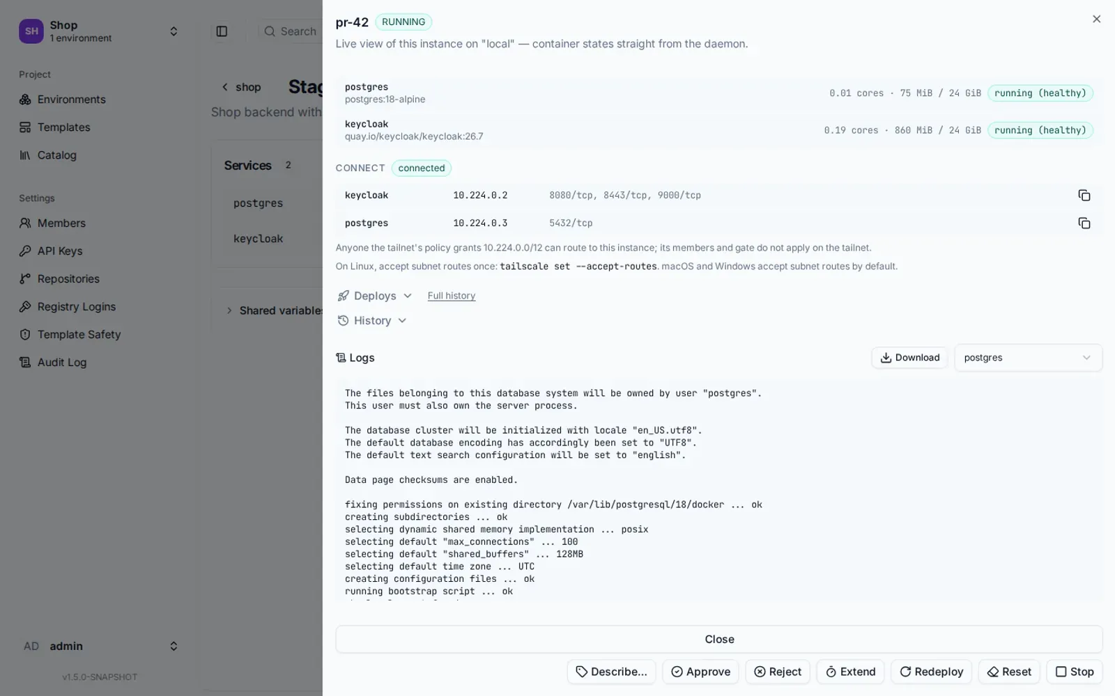 An instance drawer whose Connect section shows keycloak at 10.224.0.2 and postgres at 10.224.0.3