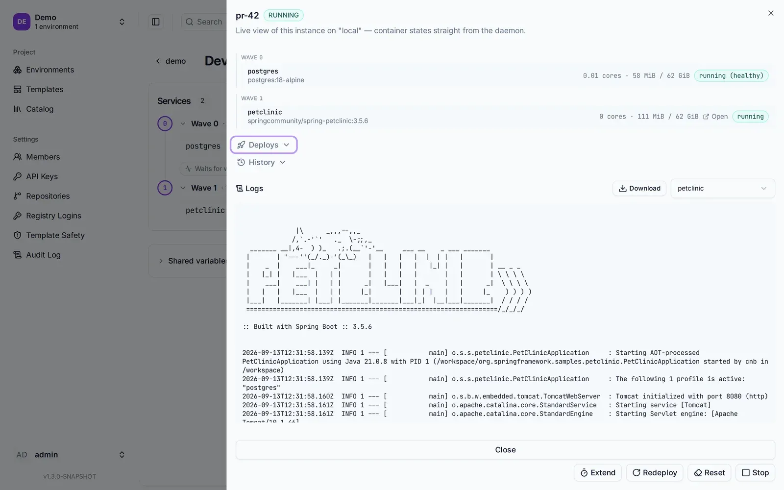 The live status panel for instance pr-42: postgres running and healthy in wave 0, petclinic running in wave 1 with an Open link, and its startup log below