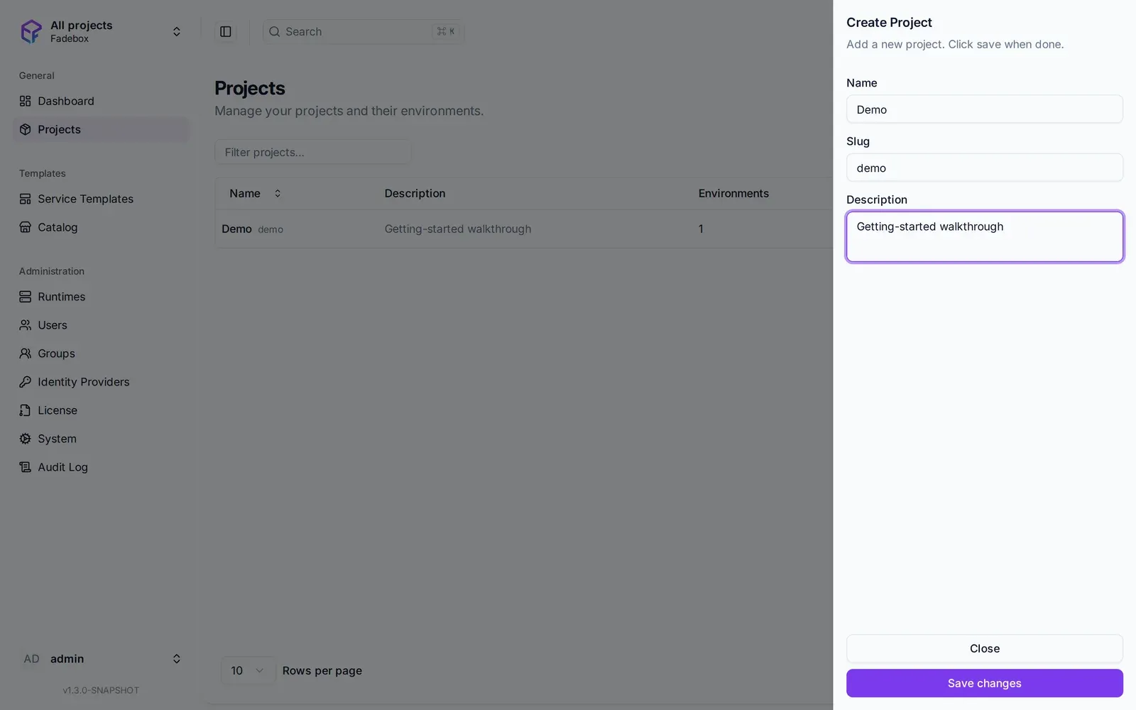 The Create Project form with the name Demo and the slug demo