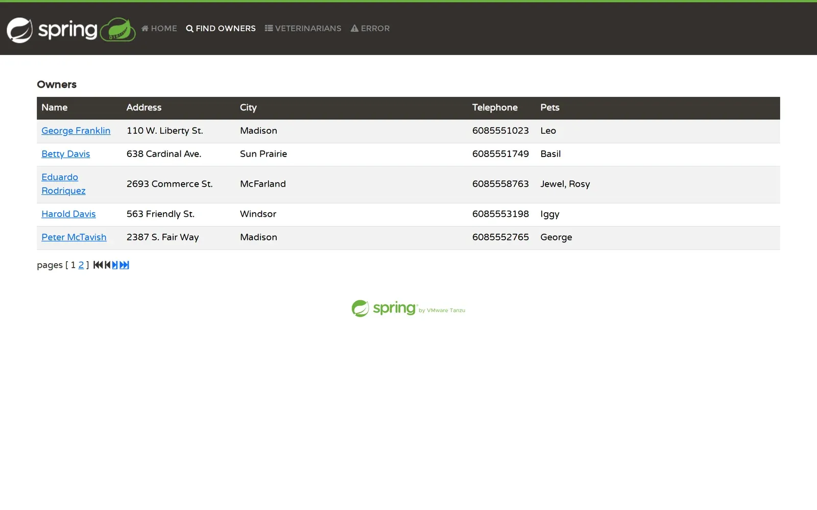 Spring PetClinic’s Find Owners page listing owners, served from the instance URL