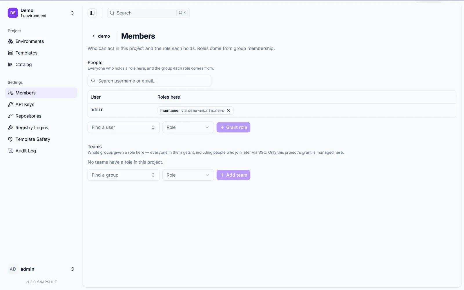The Members page of the demo project, listing admin as maintainer and the controls to grant a role to a user or a group