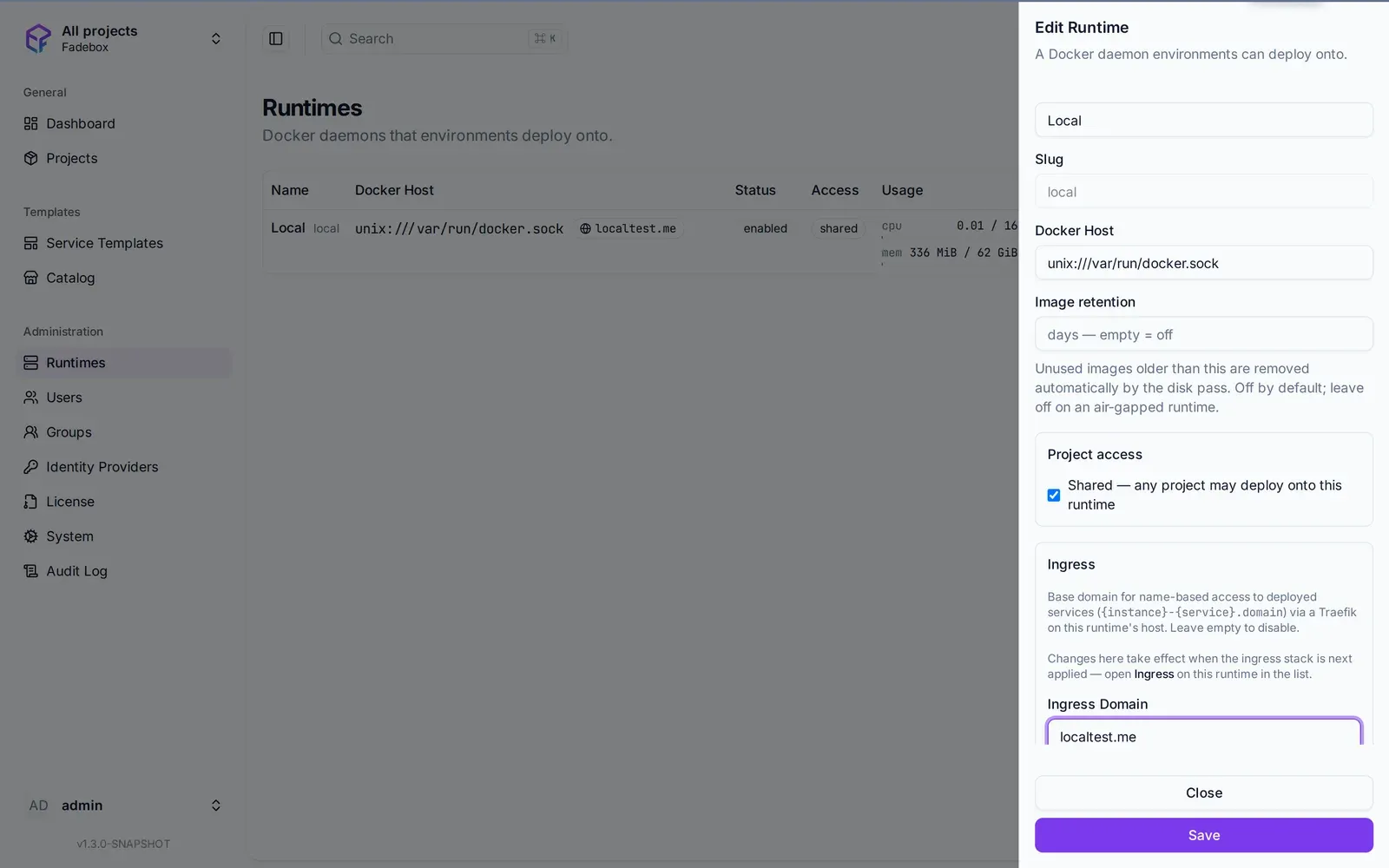 The Edit Runtime form for the local runtime, with the ingress domain set to localtest.me