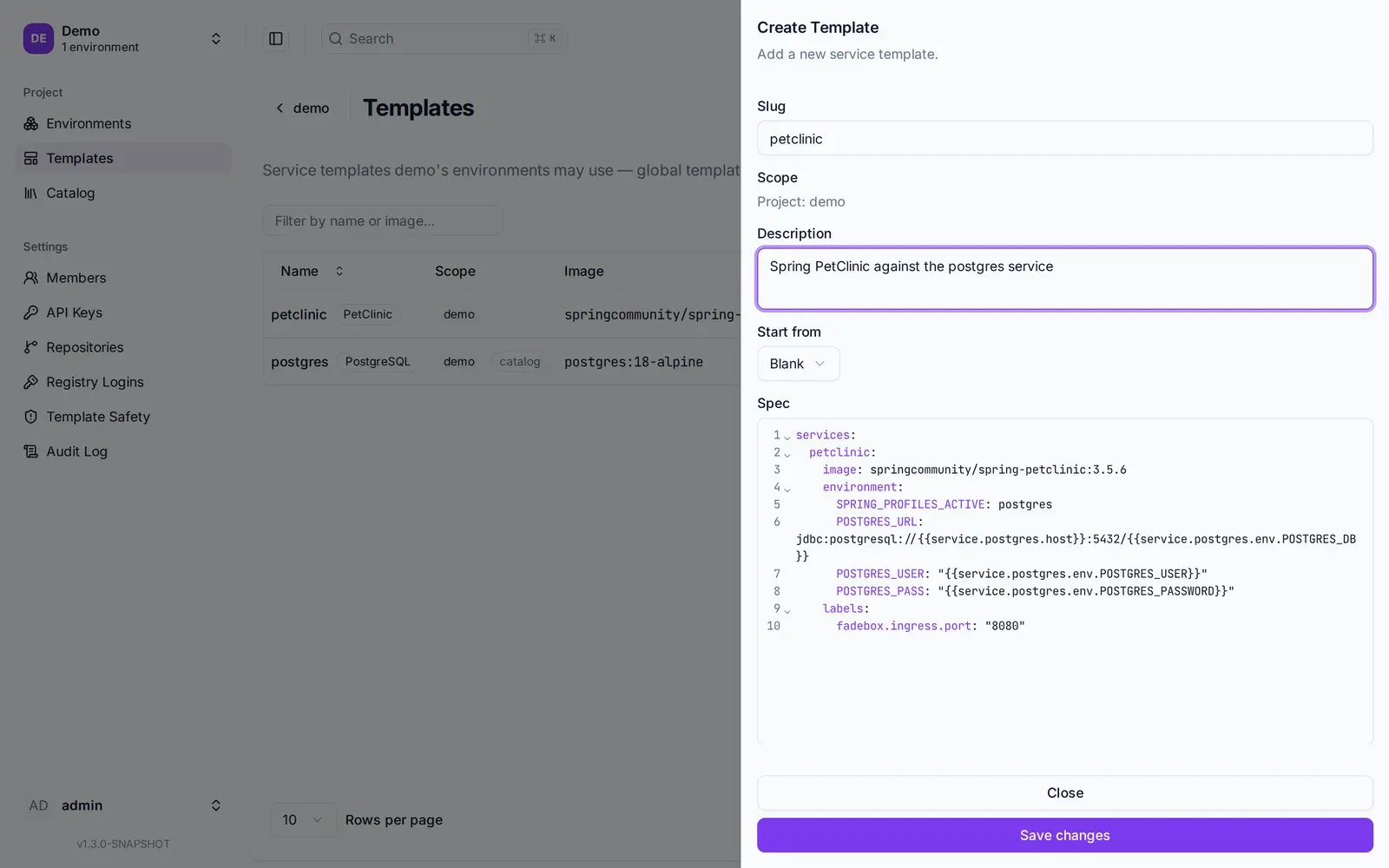 The Create Template drawer with the PetClinic spec in the editor, scoped to the demo project