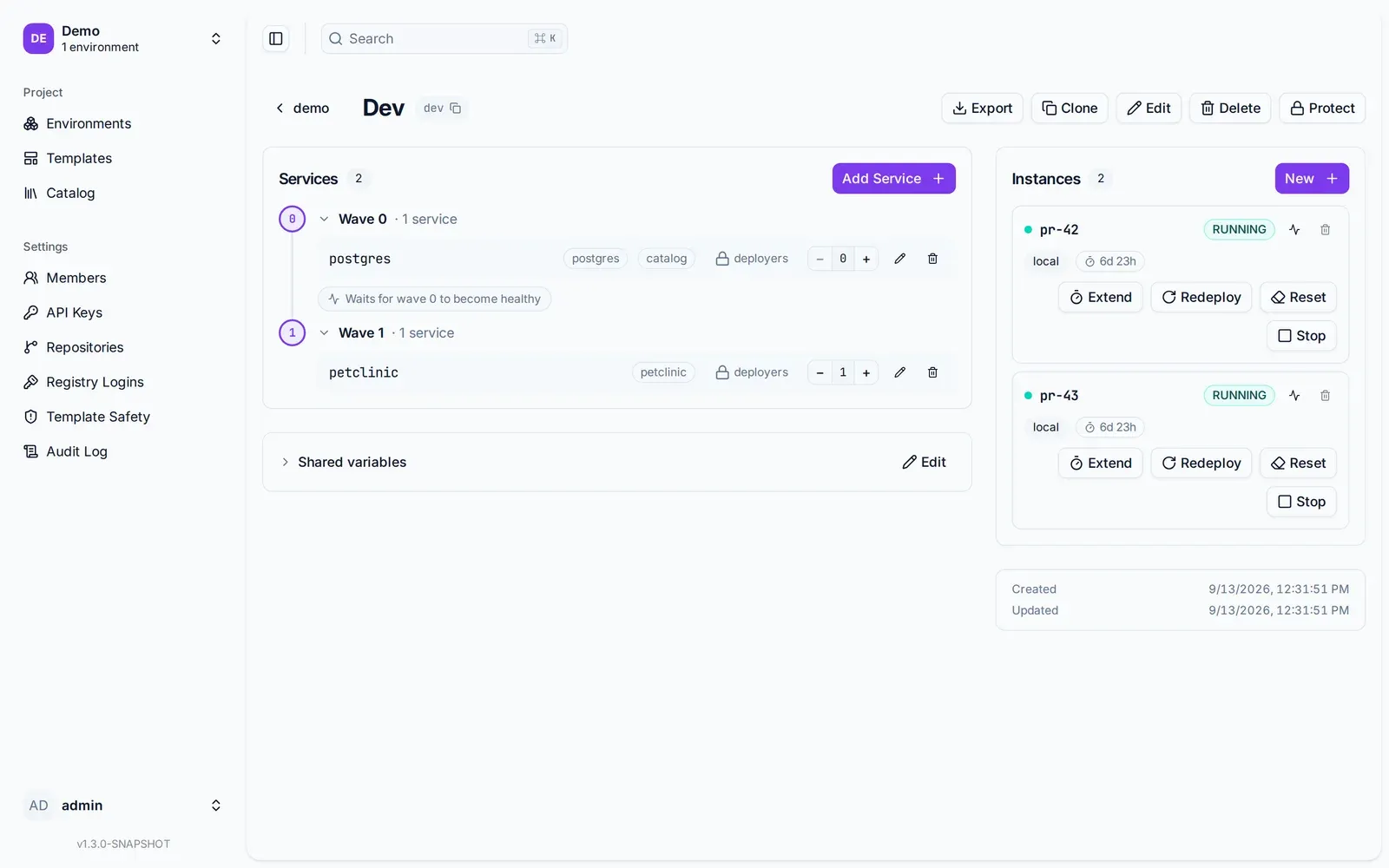 The dev environment page with two instances, pr-42 and pr-43, both RUNNING on the local runtime