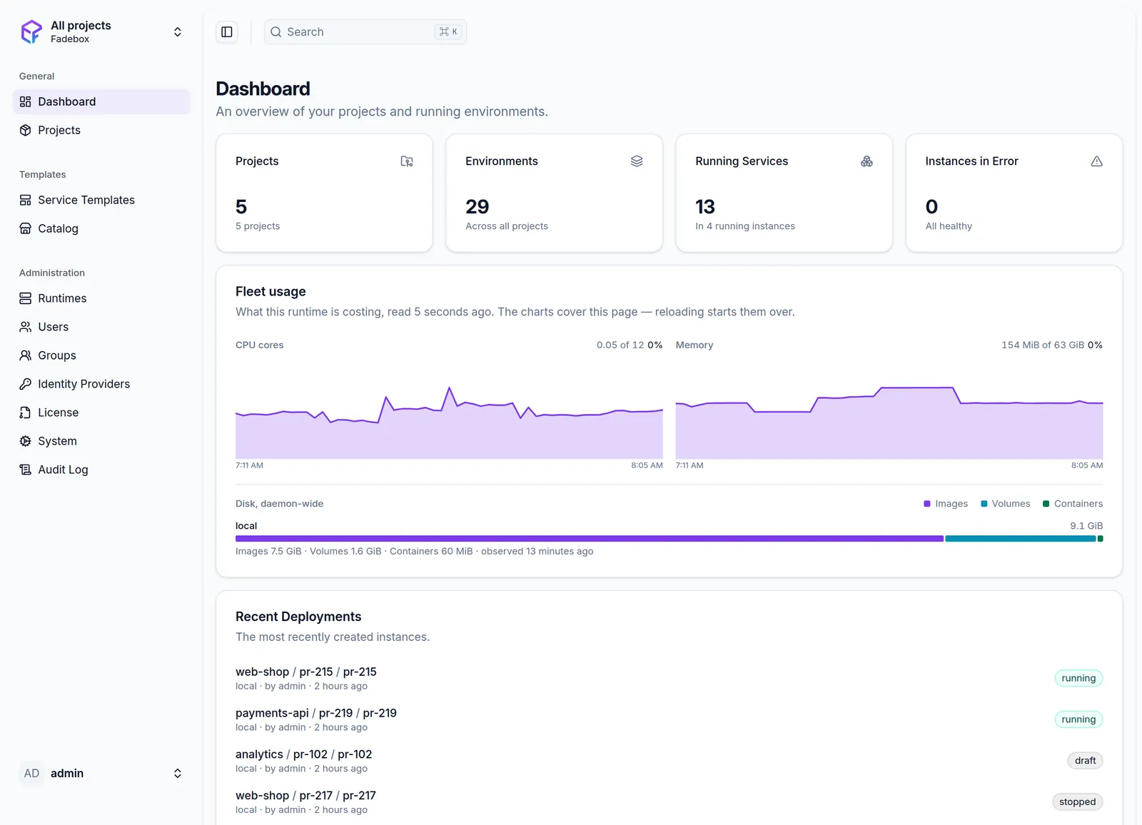 Fadebox dashboard — projects, environments, running services, fleet CPU and memory usage, and recent deployments with live status