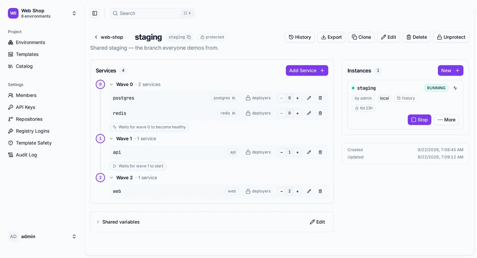 A Fadebox environment — its services grouped into startup waves that wait for the previous wave to become healthy, next to the instance that runs them